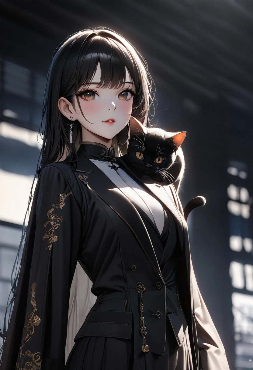 (best quality,4k,8K,high resolution,masterpiece:1.2),Very detailed,(Practical,photoPractical,photo-Practical:1.37),Chinese tailored suits and dresses,Gangsta Girl,Backlight,Deep Shadows,Cat silhouette light,Dominant cat perched on shoulder,Simple and elegant dress,Attractive suit designs,Simple style,Black and White，Tai Chi，Yin Yang style，ink splash style background.