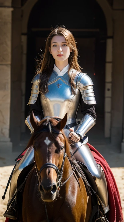 Imitating Joan of Arc from the Middle Ages Wearing robber armor and riding a horse, holding French flag,The horses are also wearing armor.、 Japanese girl , 16 year old ,(middle hair, brown hair, fringe) ,
,(masterpiece, highest quality, Very detailed, Ultra-high resolution, (photopractical:1.4), Original photo, (practical:0.2), 8K HDR,)、dark room,  kingdom temple,  moon-lighting,