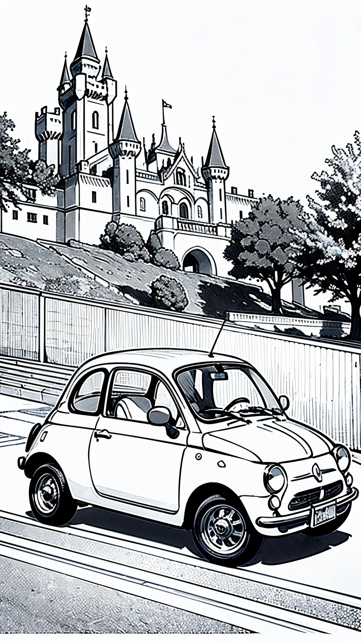 (masterpiece:1.2, Highest quality),(Line art),(Monochrome),(Very detailed),8K,wallpaper,Fiat 500,Castle of Cagliostro