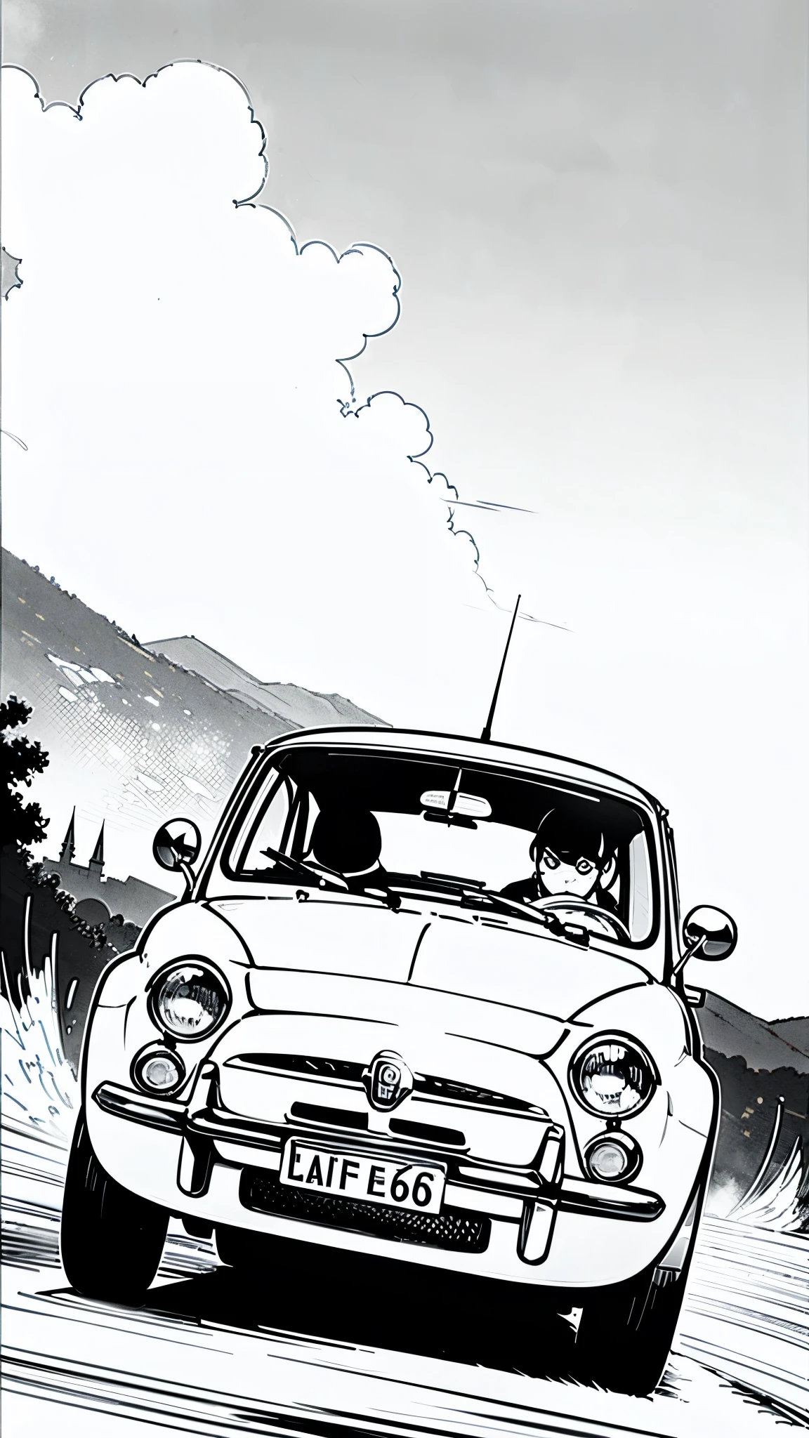 (masterpiece:1.2, Highest quality),(Line art),(Monochrome),(Very detailed),8K,wallpaper,Fiat 500,Castle of Cagliostro