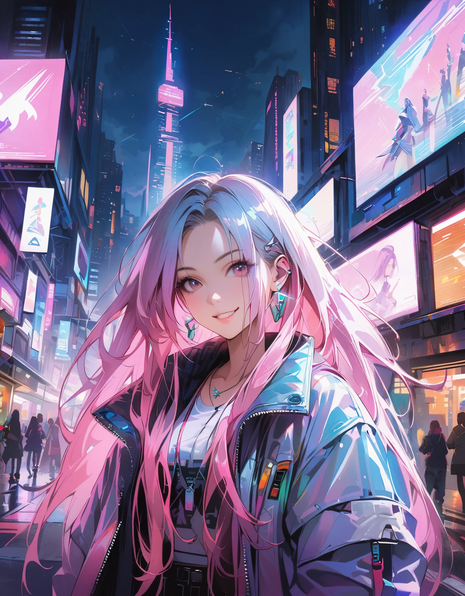 1girl,cyberpunk, Chinese girl, translucent，futuristic city, neon lights, high-tech, digital sky, large moon, flying cars, futuristic dress, glowing earphones, jewelry, necklace, long hair, transparent accessories, dynamic pose, smiling, facing camera, ultra-realistic, high-quality, 8K resolution, detailed, futuristic, modern fashion, traditional elements, glowing jewelry, cyberpunk fashion