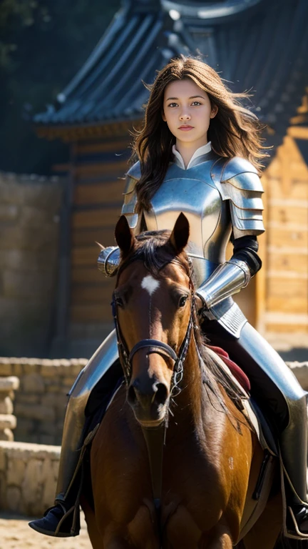 Imitating Joan of Arc from the Middle Ages Wearing robber armor and riding a horse, holding French flag, The horses are also wearing armor, Japanese girl , 16 year old ,(middle hair, brown hair, fringe) ,
,(masterpiece, highest quality, Very detailed, Ultra-high resolution, (photopractical:1.4), Original photo, (practical:0.2), 8K HDR,)、dark room,  kingdom temple,  moon-lighting,