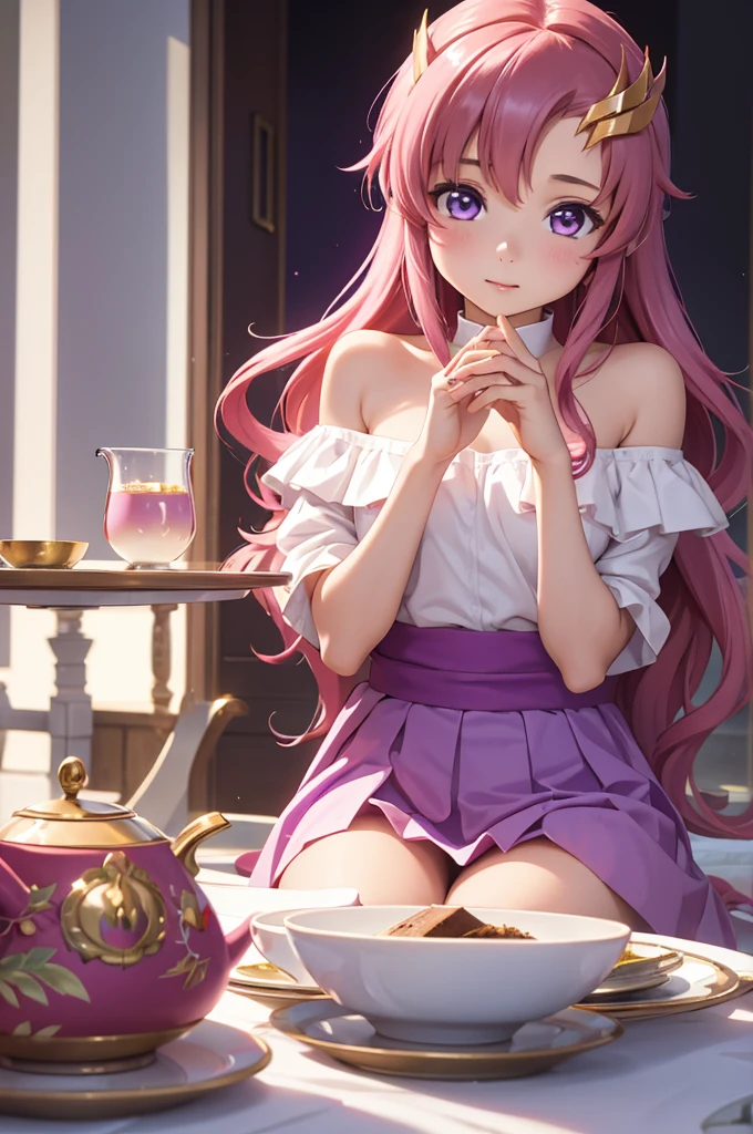 1 girl, Solo, 11 years old, Lori, , Cute Girl,Best Quality, Ultra-detailed, 8K, High resolution,
 lacus clyne, (purple eyes:1.1), hair ornament, long hair, wave hair ornament, pink hair,
tea time、Off the shoulder