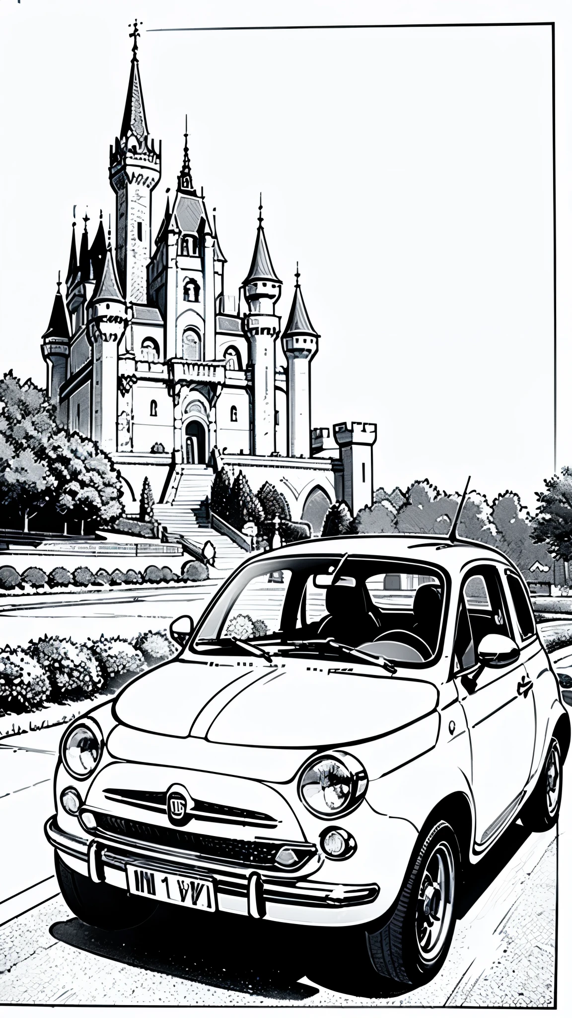 (masterpiece:1.2, Highest quality),(Line art),(Monochrome),(Very detailed),8K,wallpaper,Fiat 500,Castle of Cagliostro