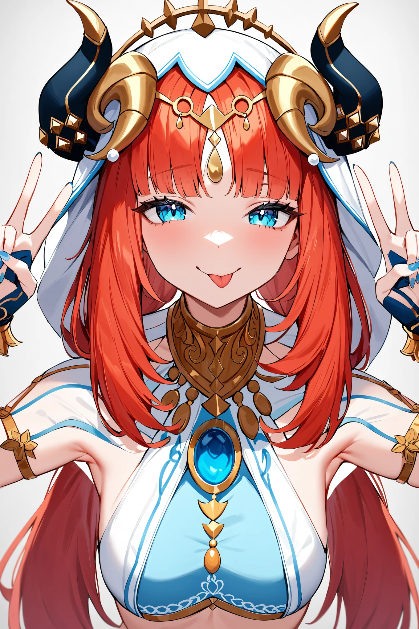 masterpiece,best quality,very aesthetic,absurdres,
,nilou \(genshin impact\), 1girl, tongue out, horns, tongue, solo, bangs, long hair, looking at viewer, red hair, gloves, :p, blue eyes, smile, v, double v, fake horns