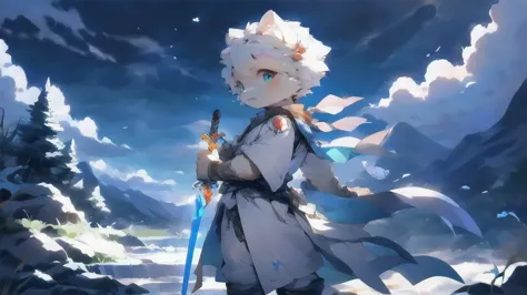 A white wolf，Handheld scrolls，Black and white armor，Silver longsword，Sky blue pupils，Cool colors，map，Flowing robe，Clear blue sky...