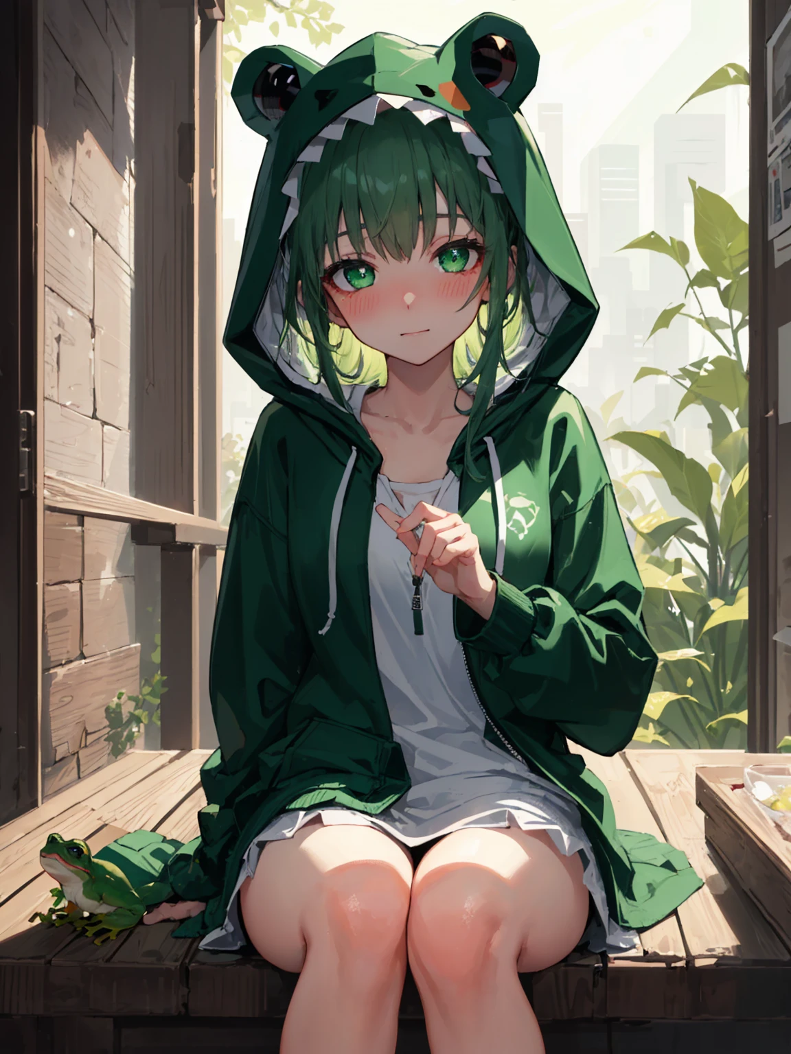 ((masterpiece, best quality)), highres, 8k, cinematic light, high contrast, depth of field, intense glow, detailed background, 1girl, cute, detailed eyes, sparkle in eyes, detailed iris, grin, stylized, (green_hair:1.3), messy hair, luminous, dreamer, dreamy eyes, sleepy, (green_eyes:1.3) enchanted green eyes, hood, hoodie, frog hoodie, (frog hood:1.5), froggy, (frog in disguise:1.3), unzipped hoodie, naked hoodie, (green_hoodie:1.3), cute, cute expression, (blushing:1.3)