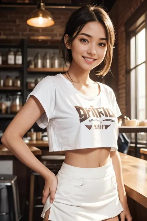 1 girl ,  (cropped dirty white t-shirt :1.2), (cropped miniskirt), coffee shop, cinematic light, beautiful woman, wicked smile