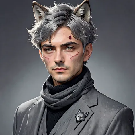 man, Short gray hair,Wolf ears， Scars on the face, Pins, Gray suit，Scarf 