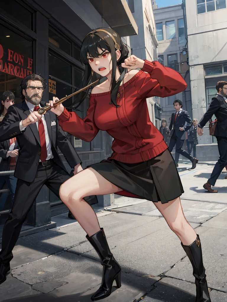 Action pose, Battle Scenes:1.5, (Yor Forger), Red eyes, Black Skirt, red off shoulder sweater, (Big Breasts), morning, ((Fighting a brown-haired man in a suit)), morningのエーゲ海の町並み, Wearing boots, Angry expression,:1.5 Attack Speed, Fast Attack, ((Angry expression,:1)), Angry face
