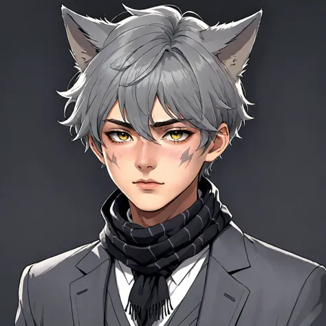 anime boy， Short gray hair,Wolf ears， Scars on the face, Pins, Gray suit，Scarf 