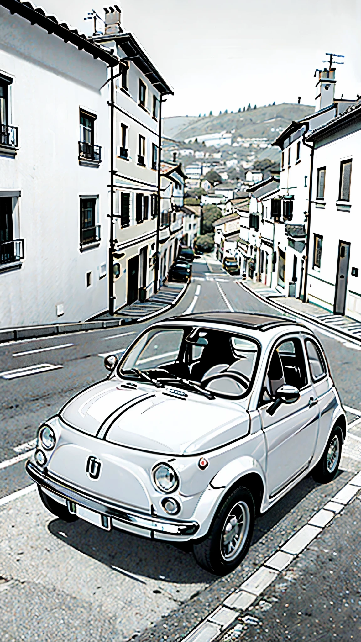 (masterpiece:1.2, Highest quality),(Line art),(Monochrome),(Very detailed),8K,wallpaper,Fiat 500,Castle of Cagliostro