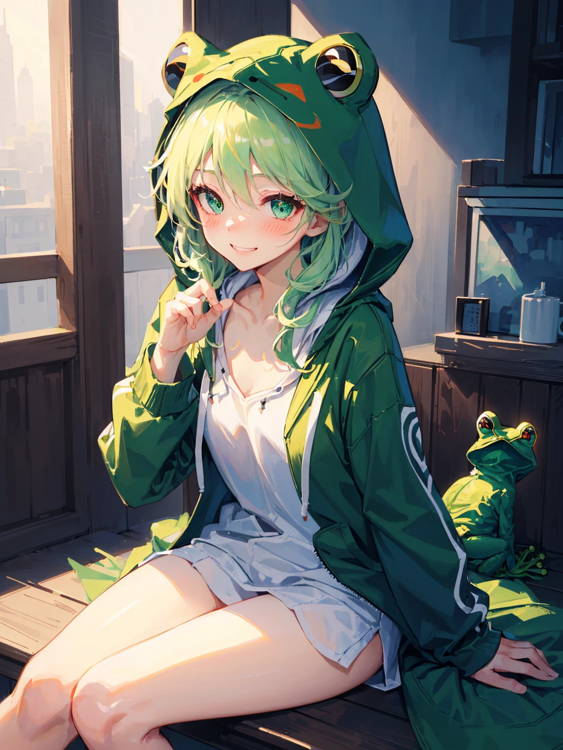 ((masterpiece, best quality)), highres, 8k, cinematic light, high contrast, depth of field, intense glow, detailed background, 1girl, cute, detailed eyes, sparkle in eyes, detailed iris, grin, stylized, (green_hair:1.3), messy hair, luminous, dreamer, dreamy eyes, sleepy, (green_eyes:1.3) enchanted green eyes, hood, hoodie, frog hoodie, (frog hood:1.5), froggy, (frog in disguise:1.3), unzipped hoodie, naked hoodie, no pants, no skirts, bottomless, no shirt, shirtless, (green_hoodie:1.3), cute, cute smile, (blushing:1.3)