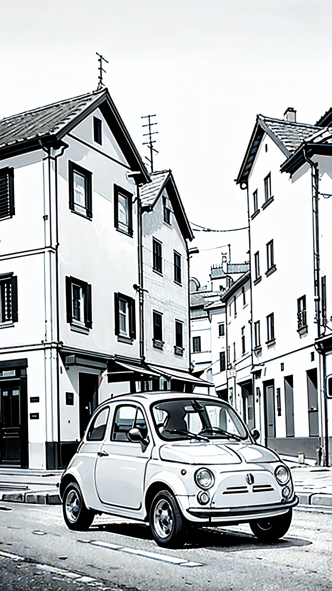 (masterpiece:1.2, Highest quality),(Line art),(Monochrome),(Very detailed),8K,wallpaper,Fiat 500,Castle of Cagliostro