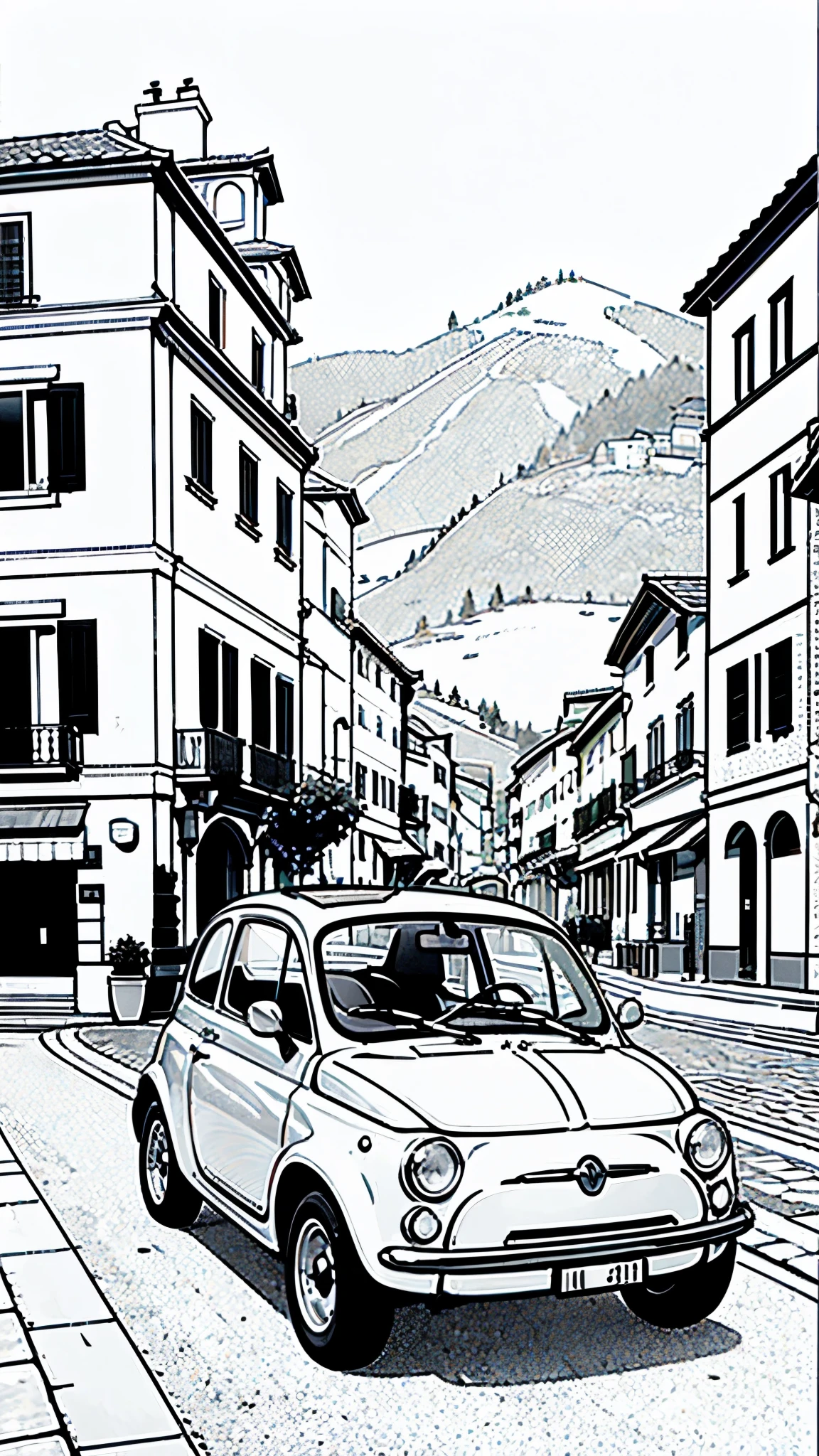 (masterpiece:1.2, Highest quality),(Line art),(Monochrome),(Very detailed),8K,wallpaper,Fiat 500,Castle of Cagliostro