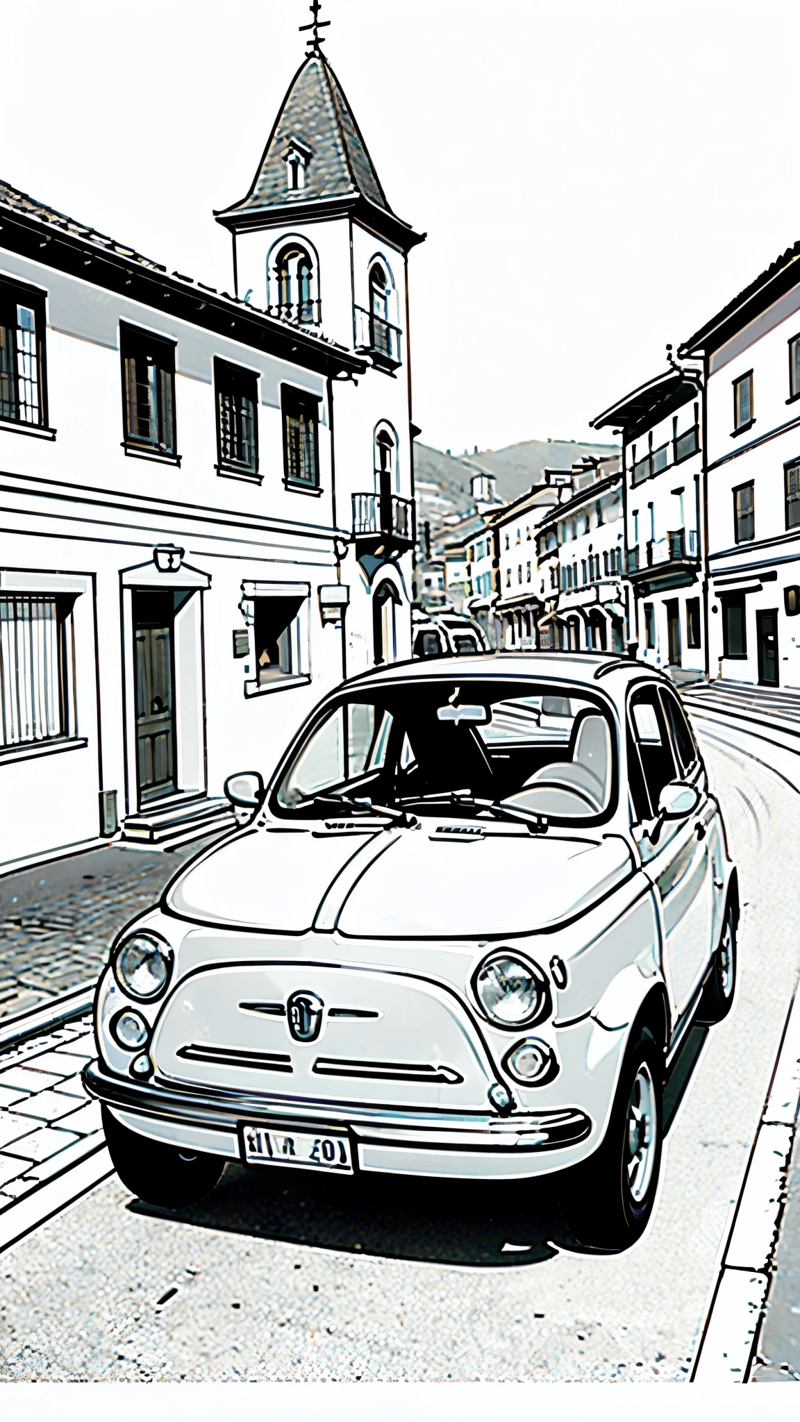 (masterpiece:1.2, Highest quality),(Line art),(Monochrome),(Very detailed),8K,wallpaper,Fiat 500,Castle of Cagliostro