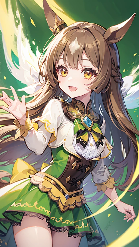 tiny girl,Colossal ,Smile with open mouth,horse ears,brown hair,long hair,green magical girl costume,yellow eyes,Top image quality,Best Quality