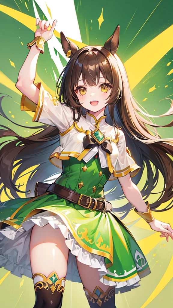 tiny girl,Colossal ,Smile with open mouth,horse ears,brown hair,long hair,green magical girl costume,yellow eyes,Top image quality,Best Quality