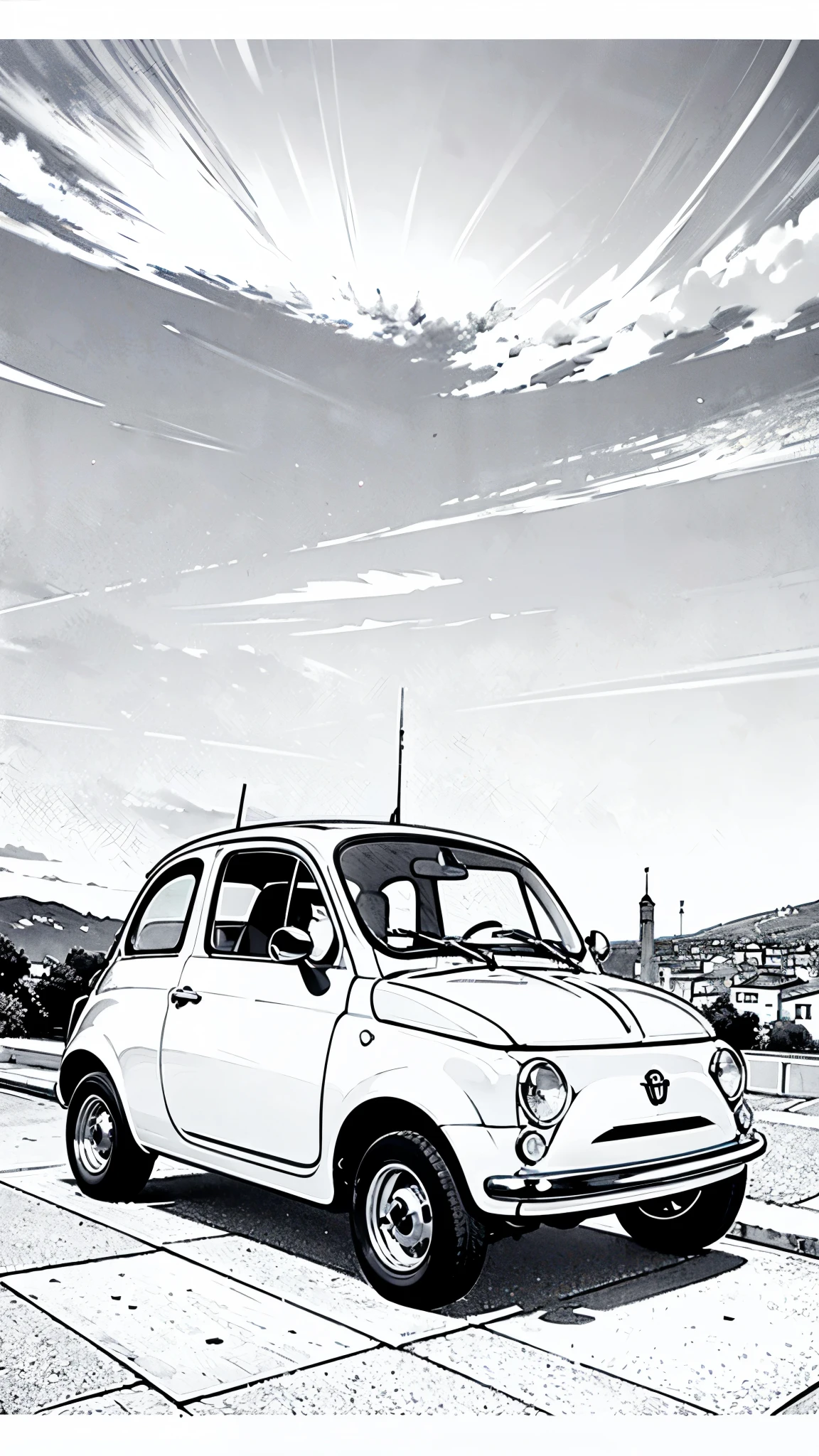 (masterpiece:1.2, Highest quality),(Line art),(Monochrome),(Very detailed),8K,wallpaper,Fiat 500,Castle of Cagliostro