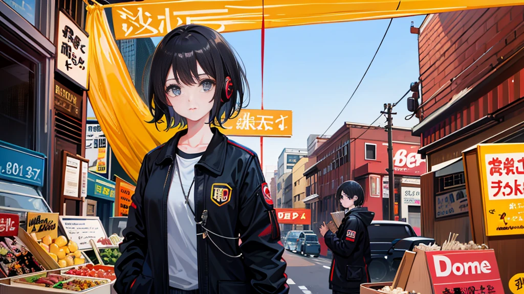 Black short Hair, night, black jacket, One Woman, record shop, Headphones