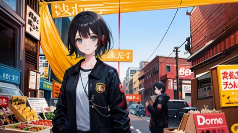 black short hair, night, black jacket, one woman, record shop, headphones