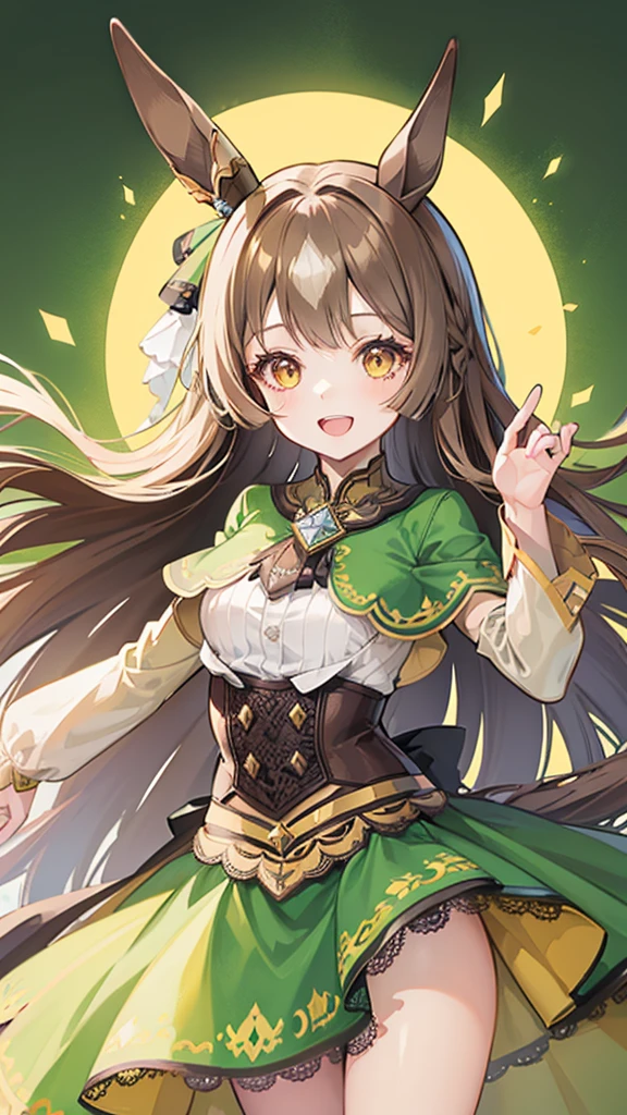 tiny girl,Colossal ,Smile with open mouth,horse ears,brown hair,long hair,green magical girl costume,yellow eyes,Top image quality,Best Quality