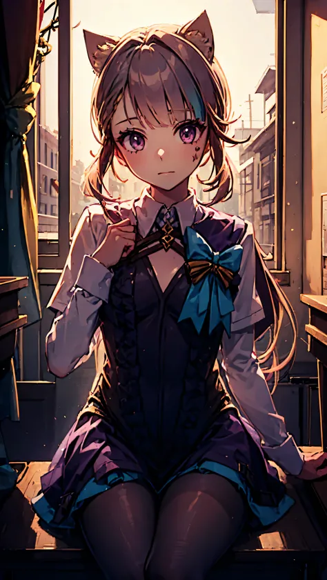1 Girl, Long dark purple hair, golden bright eyes, sit in class, white school modern uniform, anime