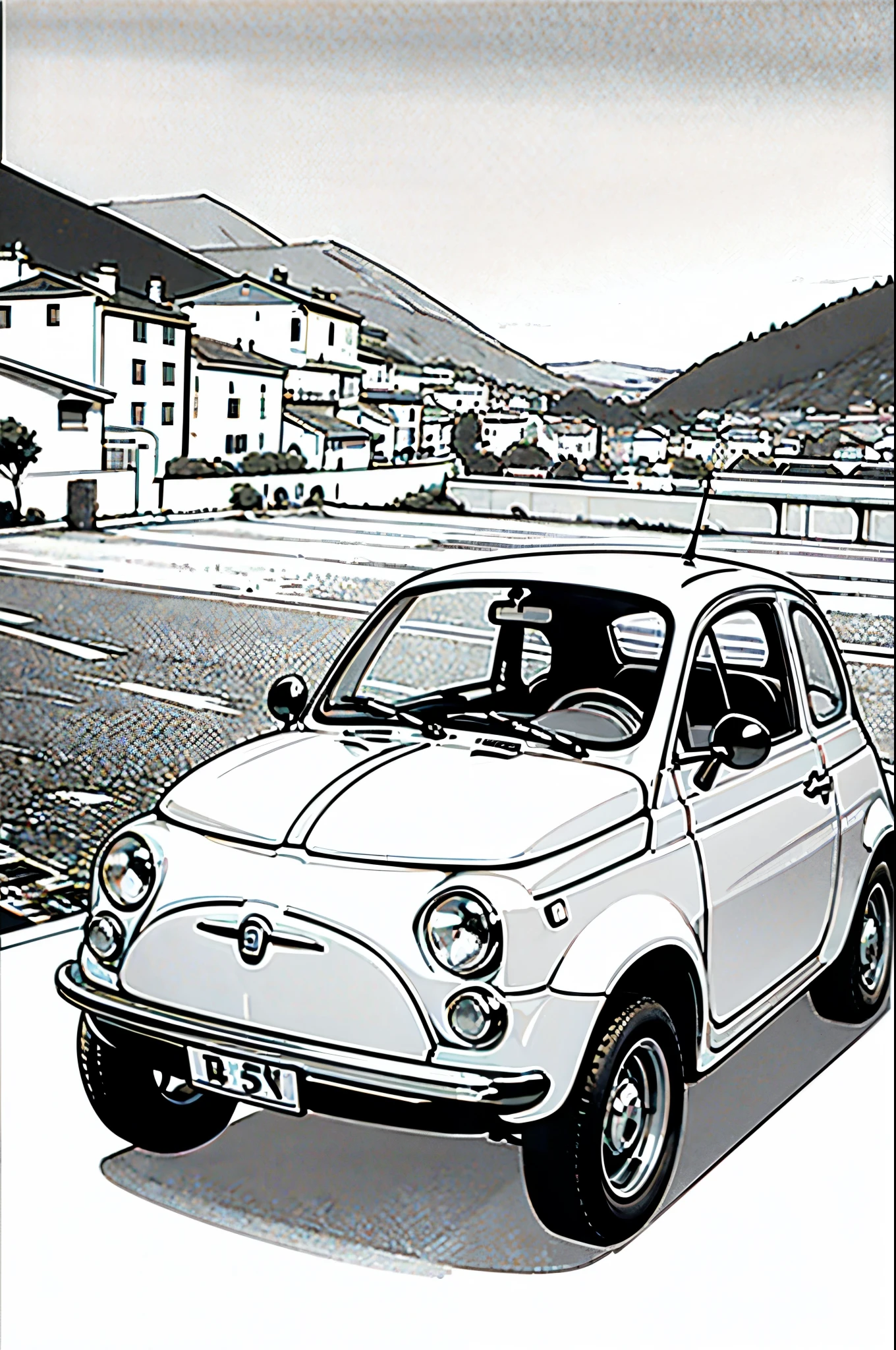 (masterpiece:1.2, Highest quality),(Line art),(Monochrome),(Very detailed),8K,wallpaper,Fiat 500,Castle of Cagliostro