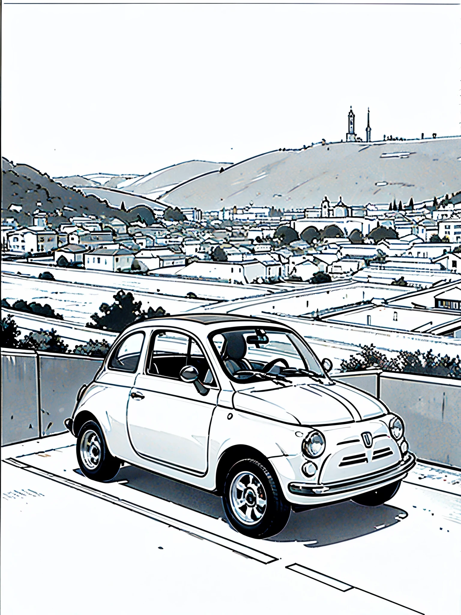 (masterpiece:1.2, Highest quality),(Line art),(Monochrome),(Very detailed),8K,wallpaper,Fiat 500,Castle of Cagliostro