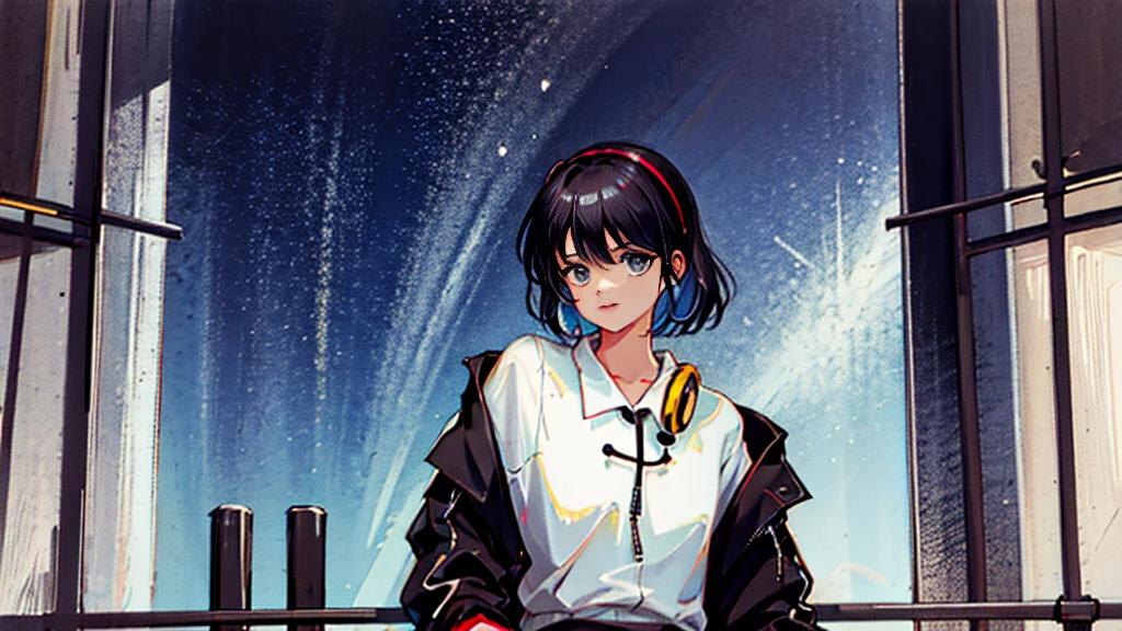 Black short Hair, night, black jacket, One Woman, record shop, Headphones,Cyberpunk City、City of night、Midnight、masterpiece、