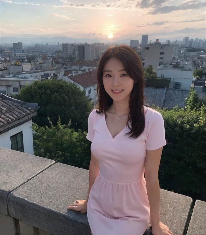 ((Highest quality、8k、masterpiece:1.3))、Realistic, Sharp focus, High resolution, High resolution, Portraiture, alone, Japanese, Middle-aged women, Beautiful woman, 26 years old、Big Breasts、Pink casual dress、Photograph the whole body、Standing on top of a chimney、sunset、Overlooking the city、smile