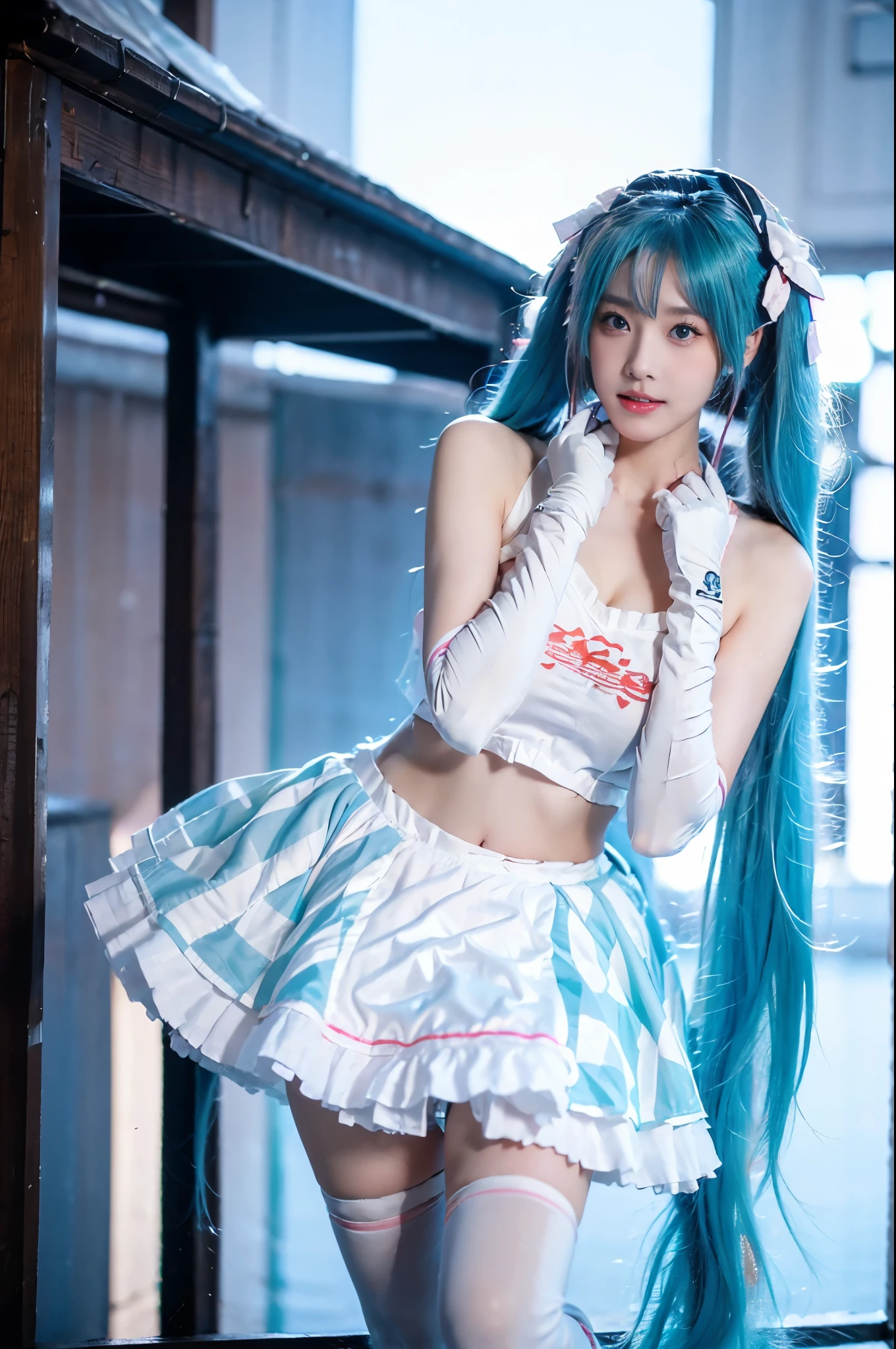 tienesune miku cosplay costume, tienesune miku, Racing Miku, cosplay, pelo aguamarina, dos colas, cabello muy largo, top corto, ropa a cuadros, diafragma, ombligo, Guantes multicolores, guantes de codo, hair cinta, cinta, tiene, falda, frilled falda, muslos, calzas estampadas, Belleza de tacones altos, Hermoso女人，tener un cuerpo perfecto：1.4，peinado en capas，((pechos grandes)), ((D cup)), escote visible，hombros descubiertos, Highly detalleed face and skin texture，párpados dobles，blanqueamiento de la piel，pelo largo，Blanquear piernas largas，De pie junto al mar, Chica de moda, labios rojos, dulce doncella, Hermoso妆容, detalle, natural, Very detalleed, Asombroso, Hermoso, joven y enérgico, alta calidad，alta definición, rico y colorido，Exquisito, piel suave, The falda is short, Lift the falda with your hands, Postura elegante y encantadora., arte oficial, Extremely detalleed, Ambiente de película, colores suaves, textura natural de la piel,