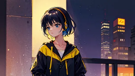 black short hair, night, black jacket, girl looking to the side、 headphone, cyber punk city, delicate background、masterpiece