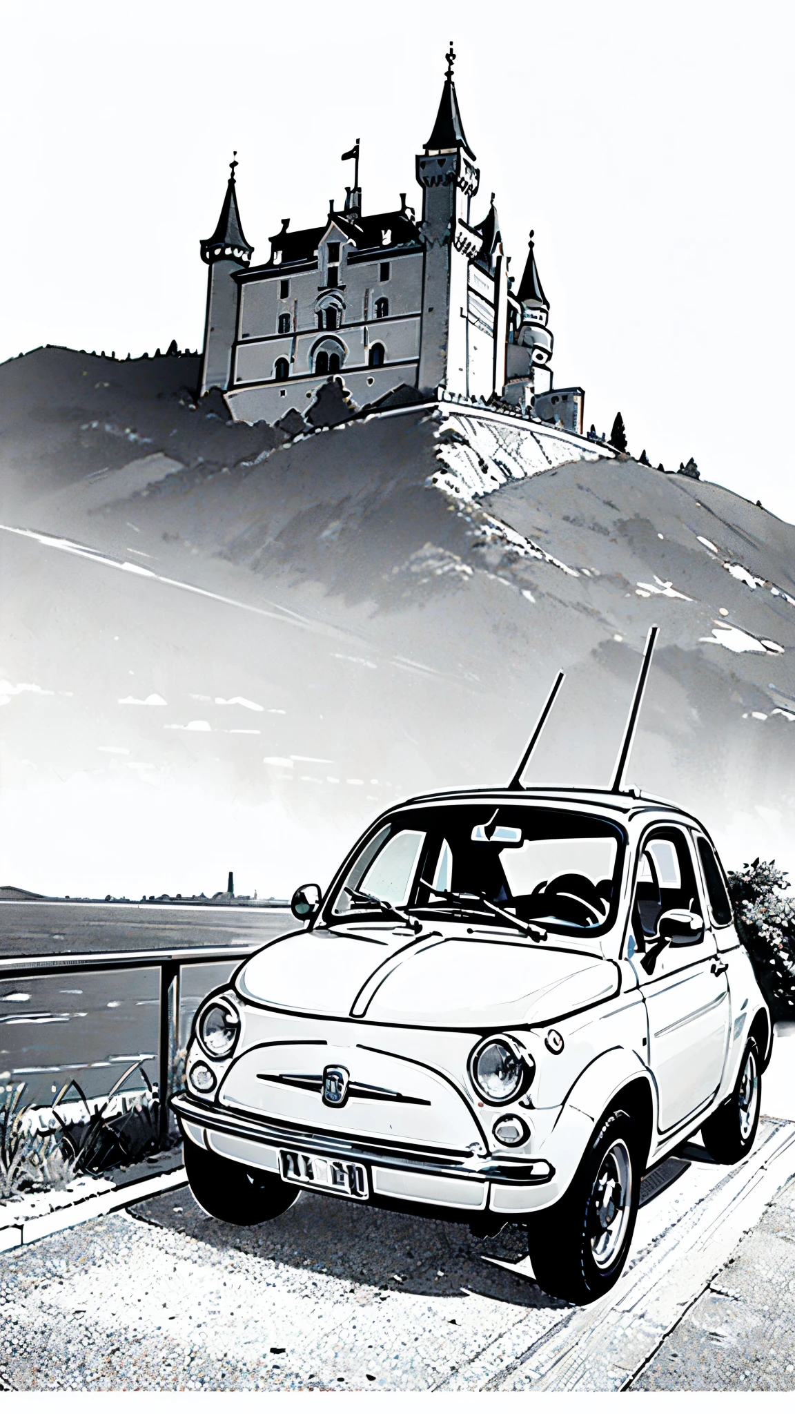 (masterpiece:1.2, Highest quality),(Line art),(Monochrome),(Very detailed),8K,wallpaper,Fiat 500,Castle of Cagliostro