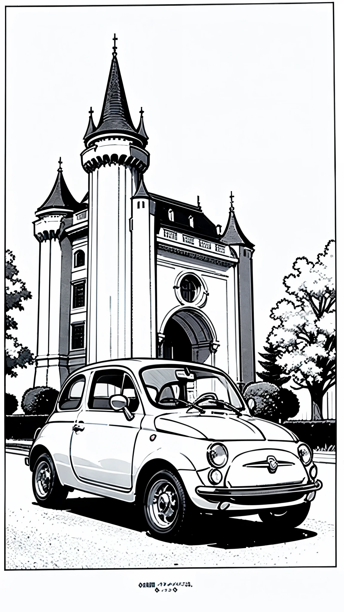 (masterpiece:1.2, Highest quality),(Line art),(Monochrome),(Very detailed),8K,wallpaper,Fiat 500,Castle of Cagliostro