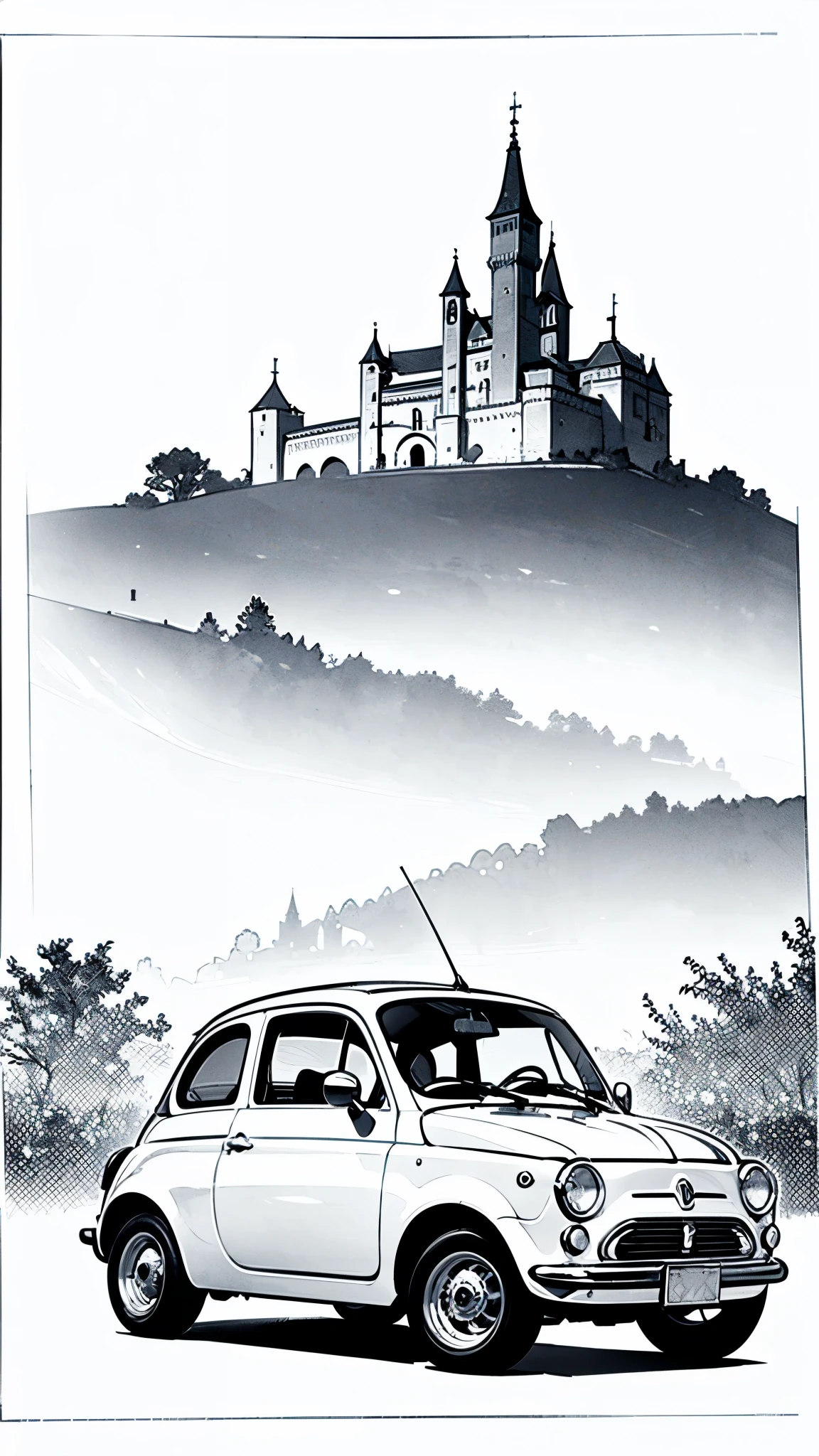 (masterpiece:1.2, Highest quality),(Line art),(Monochrome),(Very detailed),8K,wallpaper,Fiat 500,Castle of Cagliostro