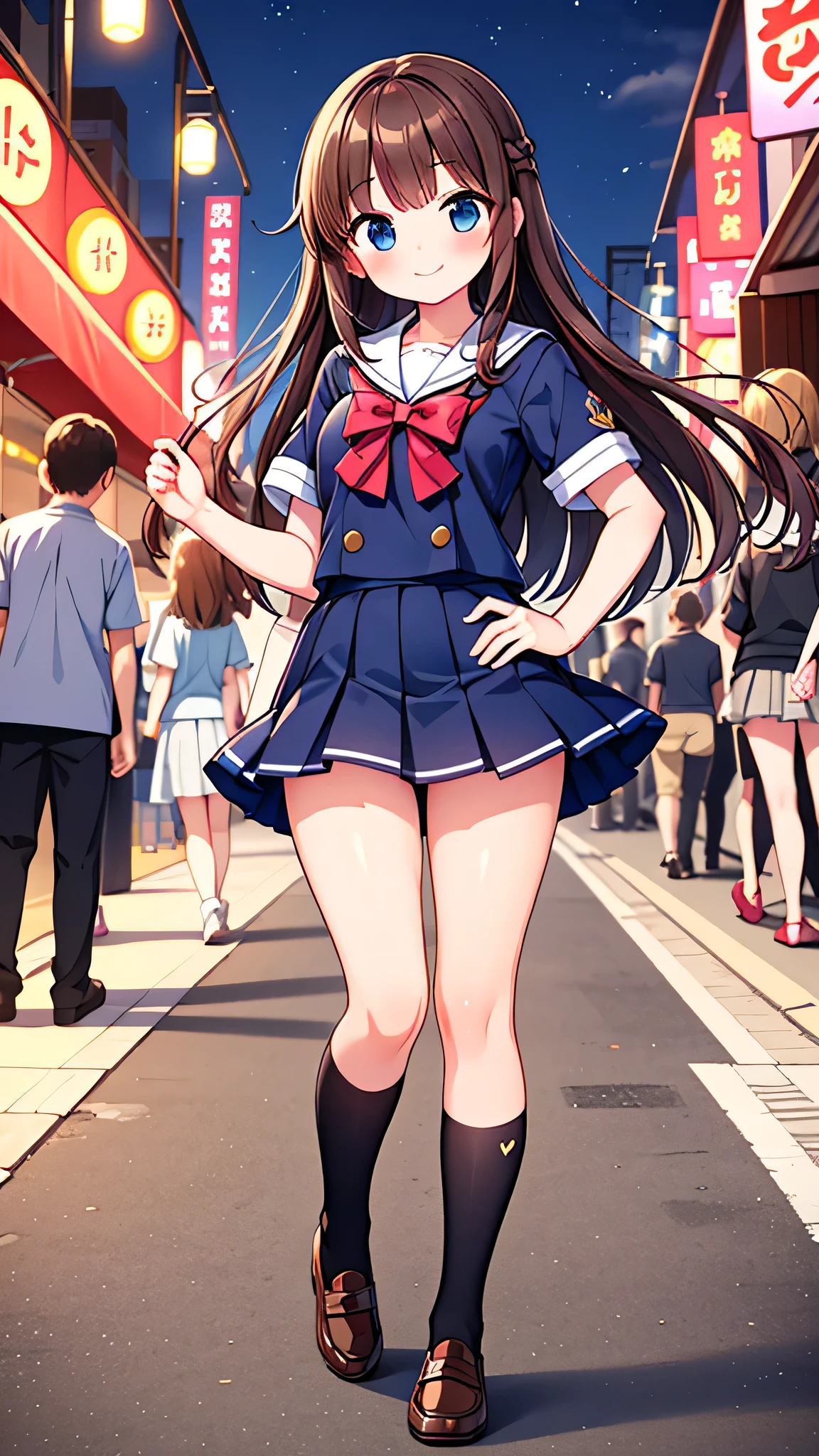 {Highest quality], [Super beautiful], [Ultra fine], [Best illustration], NSFW,Brown Hair, Hime cut, Long Hair, With bangs, girl,high school student,uniform,skirt,smile, blush, Slender women, Adult women,Strike a Pose,(Public),Night Park,Summer festival,diagonal, Navy blue knee socks,Black Loafers