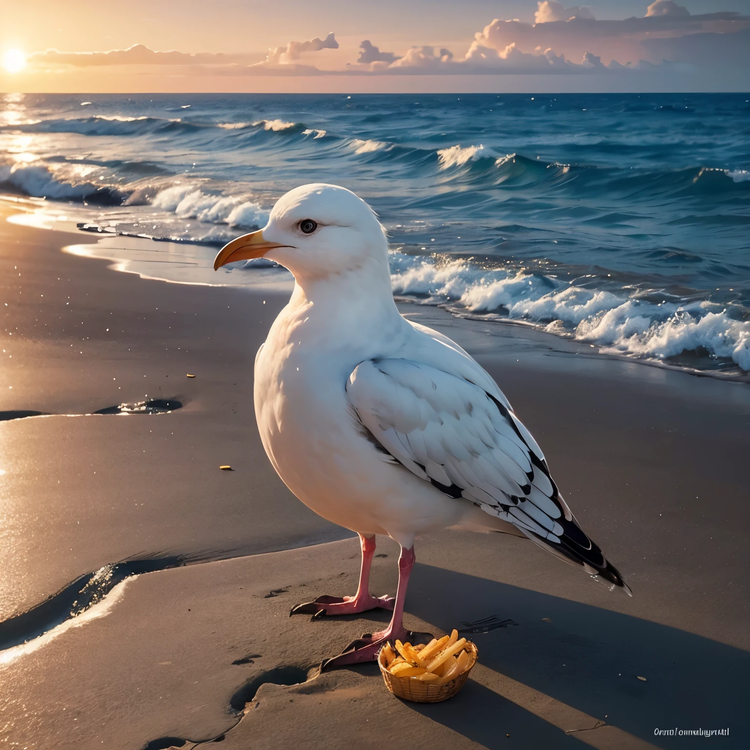 seagull, french fries, beach, ocean waves, sunset, beautiful detailed eyes, beautiful detailed beak, detailed feathers, photorealistic, 8k, hyperdetailed, highly detailed, masterpiece, intricate details, vibrant colors, dynamic lighting, dramatic composition, cinematic atmosphere