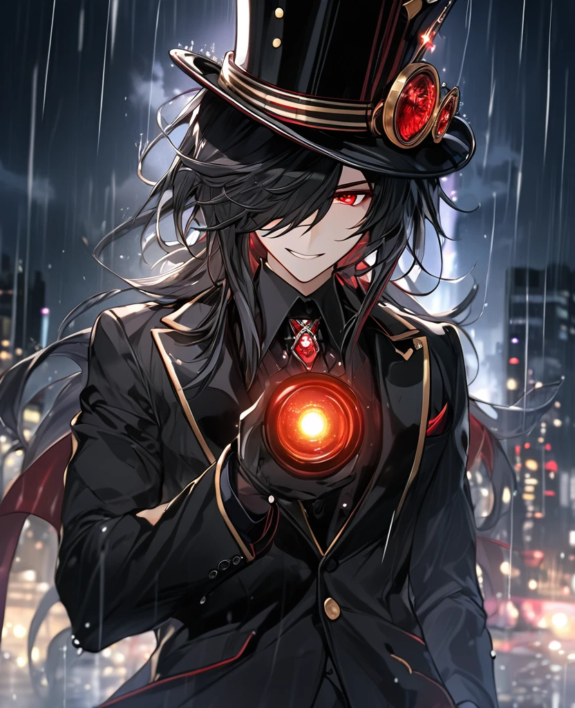  (black_hair), (red_crimson_eyes), (detailed_eyes), (Emotionless), (top_hat), (crazy_attractive), (night_city_background), (raining), (glowing_eyes), (male), (wearing _a_black_suit), (long_male_hair), (detailed_Hair), (detailed_tophat), (detailed_mouth), (hand_grabbing_hat), (detailed_hands)