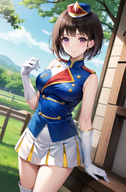 masterpiece, best quality, highres, hetero, brown hair, short hair, purple eyes, mole under eye, hat, band uniform, sleeveless, white gloves, pleated skirt, knee boots, cowboy shot, standing, smile, outdoors