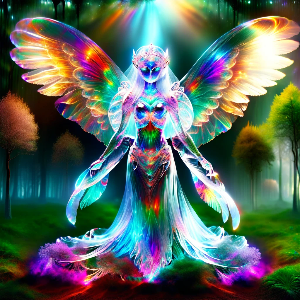 hyper detailed masterpiece, dynamic, awesome quality,DonMSp3ctr4lXL,transluscent pari, Ethereal and graceful beings, beautiful winged women, nature and magic, purity, enchantment, healing powers, benevolent, zestful,3d graphics