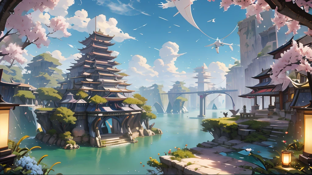 A futuristic city with flying cars and holographic displays, connected by spiral bridges over an ethereal ocean. The sky is a clear blue, and the buildings have metallic textures. In one corner of the scene, there is a large floating structure resembling the torus symbol, glowing in shades of a white to light blue gradient. A drone flies above it, capturing its majestic presence against the backdrop of the
dlistant planet. --s 750 --v 6.0