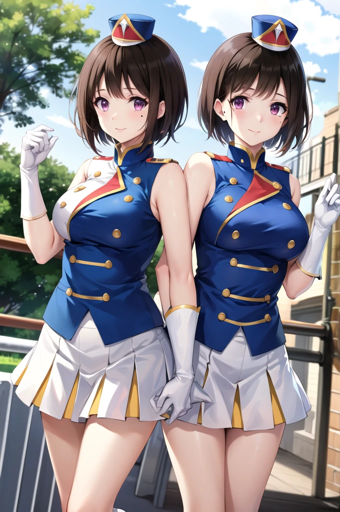 masterpiece, best quality, highres, hetero, brown hair, short hair, purple eyes, mole under eye, hat, band uniform, sleeveless, white gloves, pleated skirt, knee boots, cowboy shot, standing, smile, outdoors