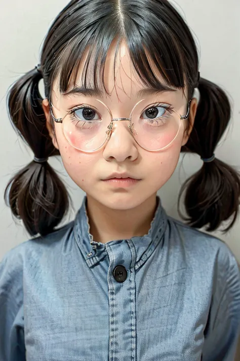 Masterpiece　Detailed Images　10-year-old girl　Thin face　thin frame glasses　Twin tails　Align your bangs　Nostrils are visible　Big N...