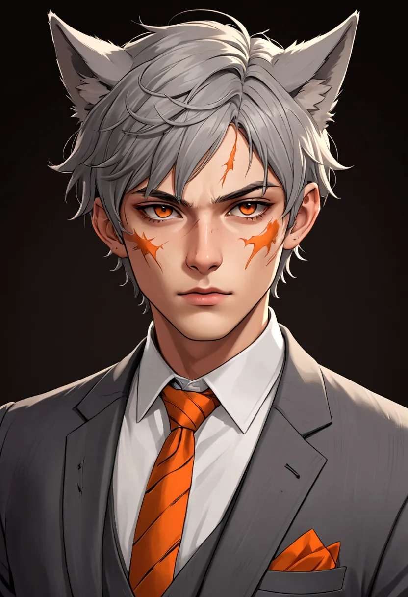 anime boy with scars on his face， short gray hair,wolf ears， (((scars on the face, pins, )))，gray suit，orange tie，muscle