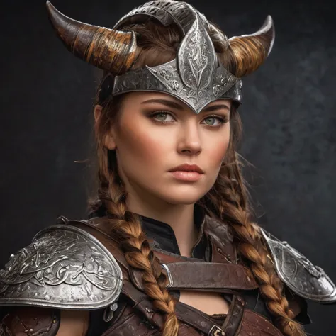 (Viking warrior, Wearing leather armor and a horned helmet), Beautiful attention to detail, Beautiful lip detail, Highly detaile...