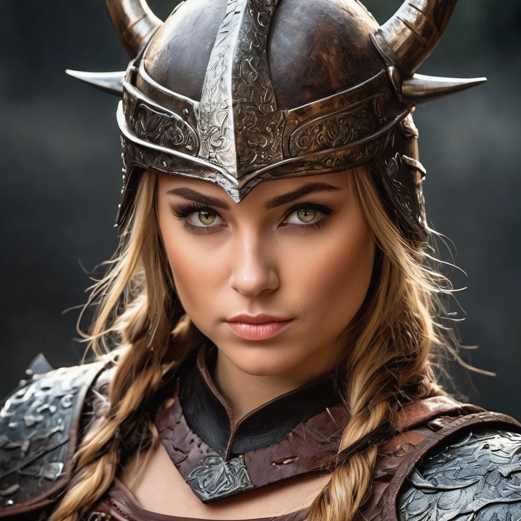 (Viking warrior, Wearing leather armor and a horned helmet), Beautiful attention to detail, Beautiful lip detail, Highly detailed eyes and face, Warrior Attitude, Standing confidently in a dramatic pose, Hold your battle axe high, Brandishing a menacing sword, A look of determination, Her face has scars and battle scars, She has a dragon tattoo on her neck, Cinematic lighting and composition, Dramatic shadows and highlights, Photorealistic textures and details, Realistic and vibrant colors, Vibrant backgrounds and scenery, Highly detailed hairstyles and braid styles, Masterpiece quality and resolution, Powerful, cinematic feel, Create a sense of awe and intimidation.