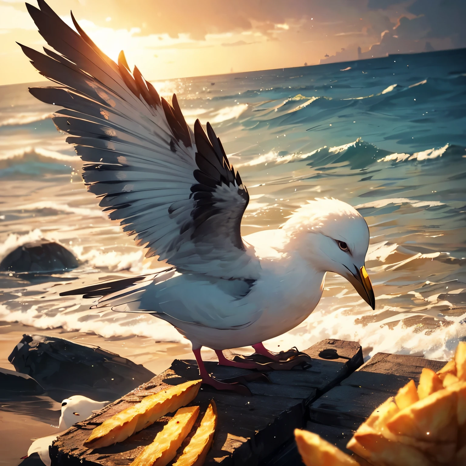 seagull, french fries, beach, ocean waves, sunset, beautiful detailed eyes, beautiful detailed beak, detailed feathers, photorealistic, 8k, hyperdetailed, highly detailed, masterpiece, intricate details, vibrant colors, dynamic lighting, dramatic composition, cinematic atmosphere