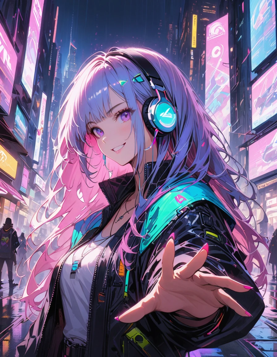 1girl,cyberpunk, Chinese girl, translucent，Wearing headphones，futuristic city, neon lights, high-tech, digital sky, large moon, flying cars, futuristic dress, glowing earphones, jewelry, necklace, long hair, transparent accessories, dynamic pose, smiling, facing camera, ultra-realistic, high-quality, 8K resolution, detailed, futuristic, modern fashion, traditional elements, glowing jewelry, cyberpunk fashion