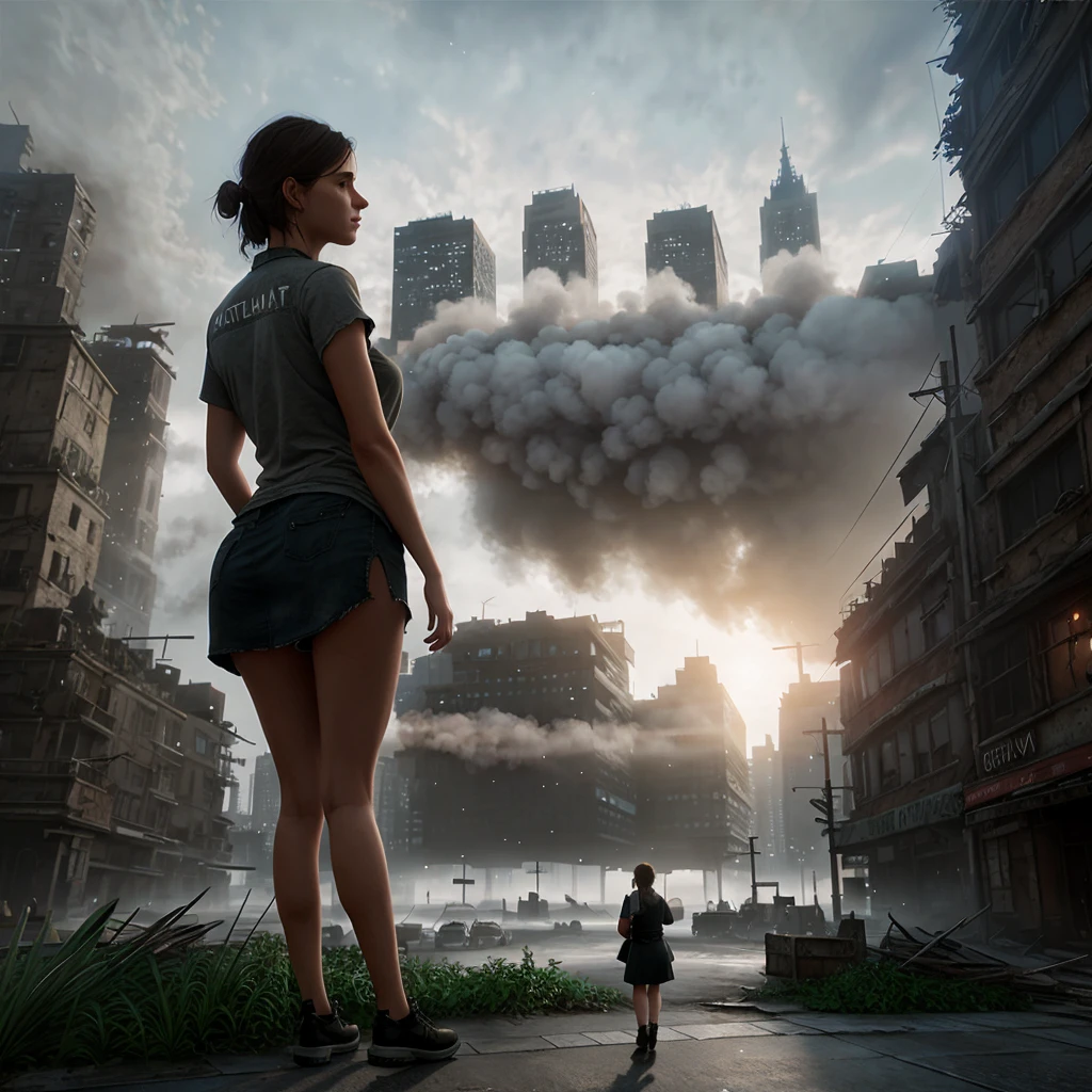 a woman, ellie enormous massive gigantic big large fat breasts, half body, (backpack:0.6), ((looking at viewer)), (ruined city background:1.3), (apocalypse:1.3), oppressive atmosphere, (Artstation:1.3), (intricate:1.1), (highly detailed:1.2), (digital painting:1.2), (sharp focus:1.2), (illustration:1.1), (3d:0.9), (3d_bacground:0.9), 8 k., fog, animals, postapocalyptic, overgrown with plant life and ivy, artgerm, octane render, unreal engine